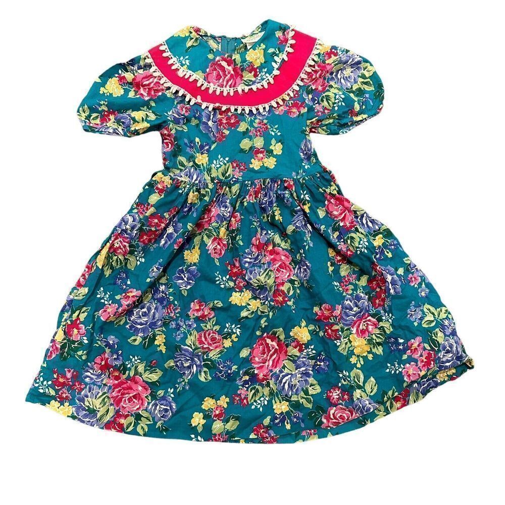 Vintage Rare Editions USA Teal Pink Floral Party Dress Cottage Sz 7 READ